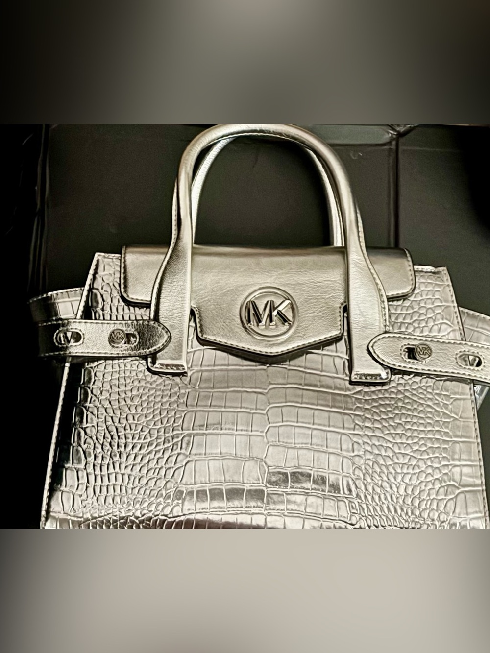 Michael Kors Metallic Silver Croc-Embossed Satchel